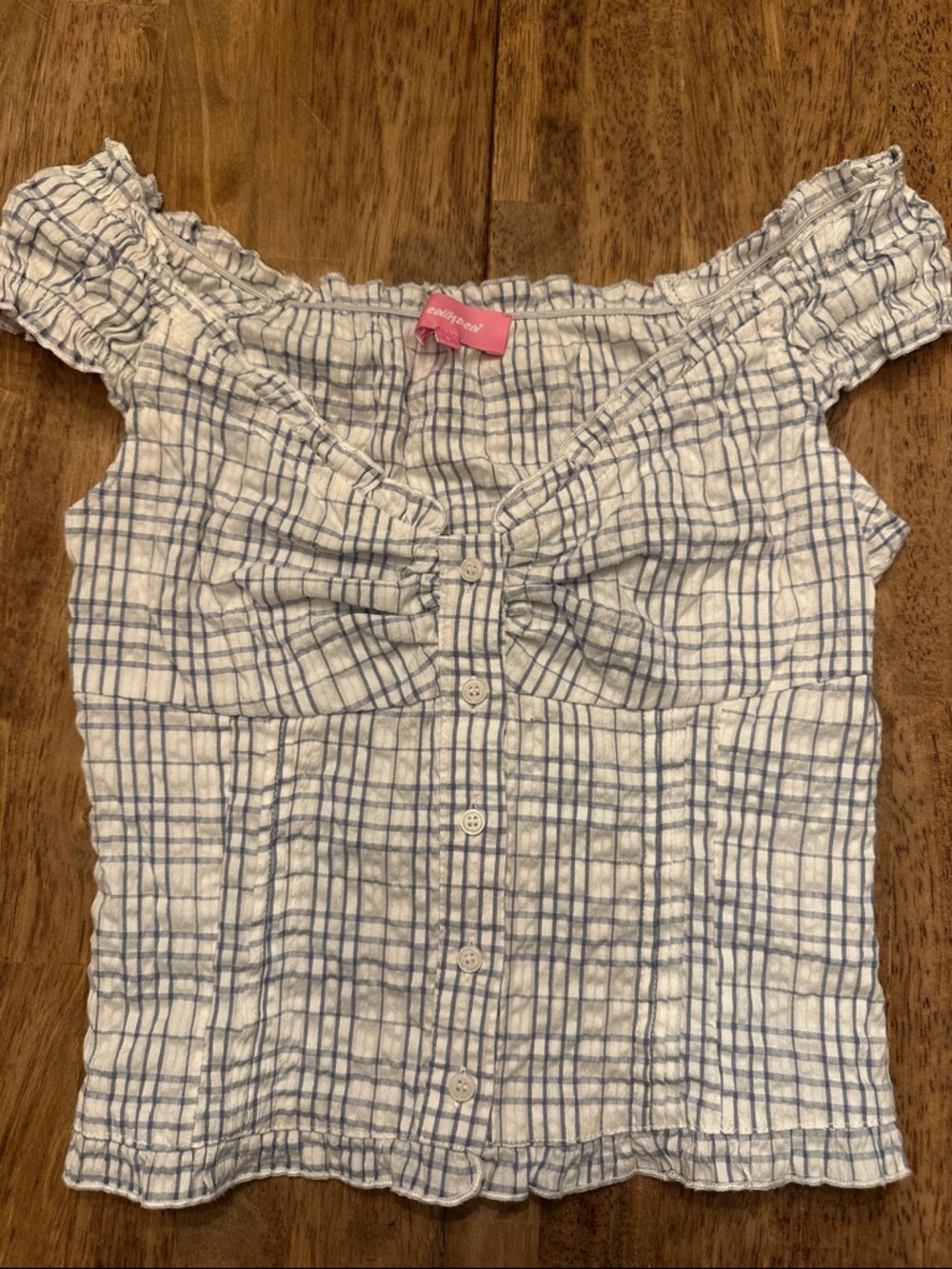 Edikted Blue & White Plaid Off-Shoulder Button Front Top